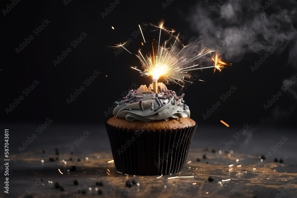  a cupcake with a sparkler sticking out of its top on a table with other cupcakes and confetti stic