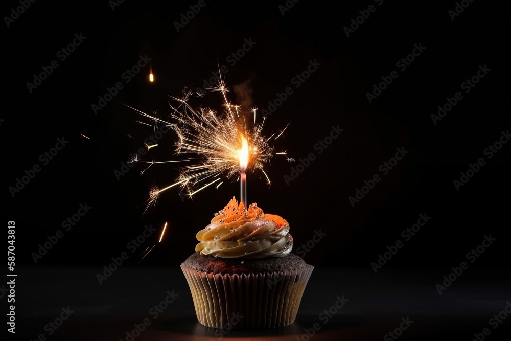  a cupcake with a sparkler sticking out of its top on a black surface with a black background and a