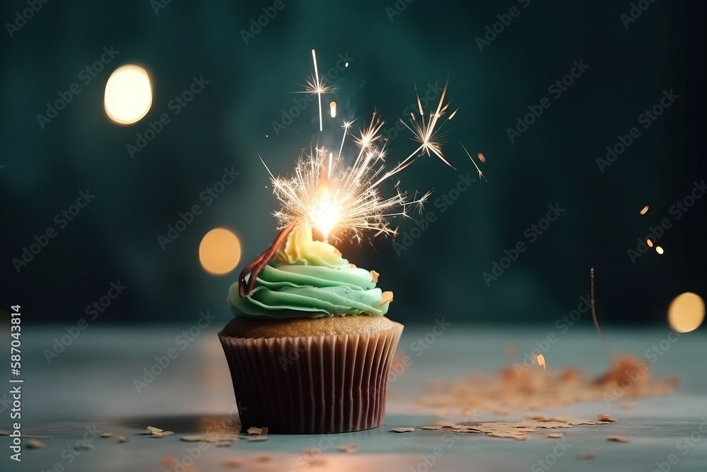  a cupcake with a green frosting and a sparkler on top of it, on a table with confetti and lights in