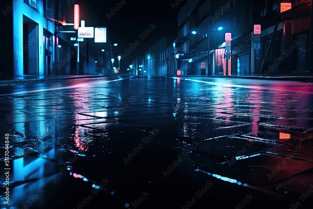 rainy urban street with colorful neon lights at night. Generative AI