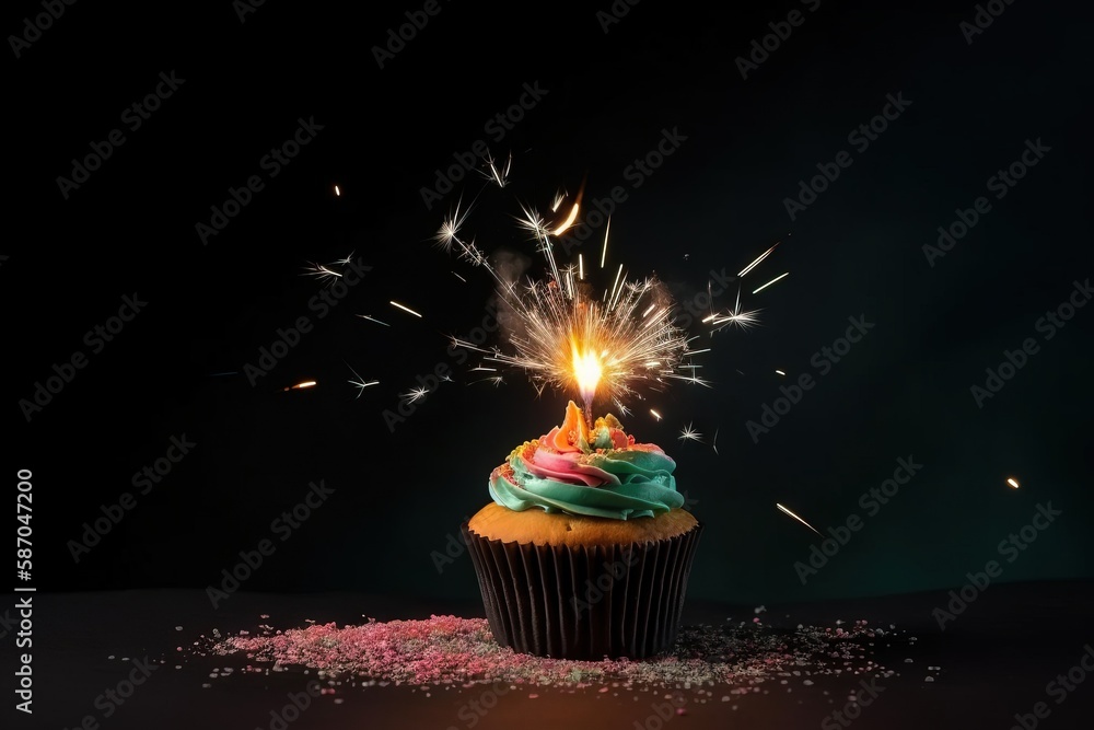  a cupcake with a lit candle in it on a black surface with sprinkles and a black background with a b