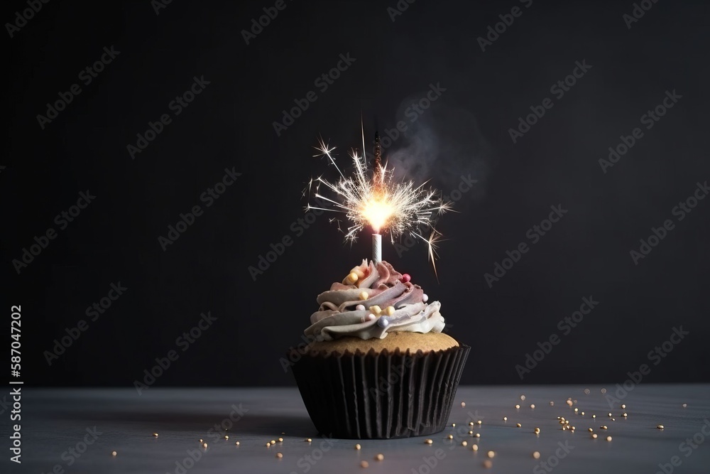  a cupcake with a sparkler on top of it sitting on a table next to some confetti and sprinkles.  gen