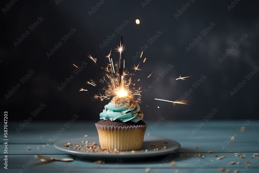  a cupcake with a sparkler on top of it on a white plate on a blue surface with confetti sprinkles. 