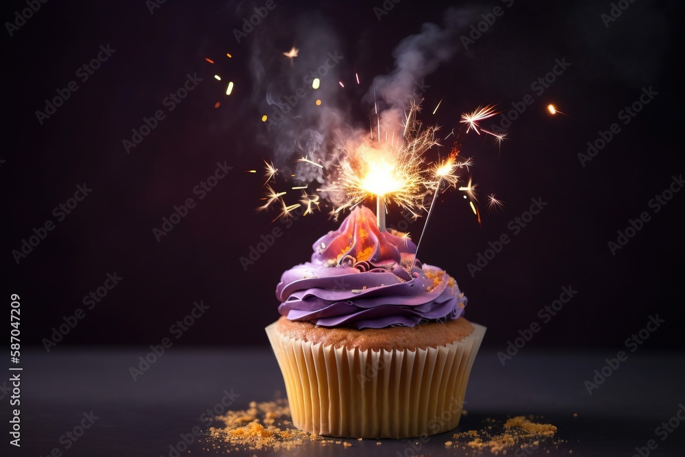  a cupcake with purple frosting and a sparkler sticking out of its top on a black surface with a da