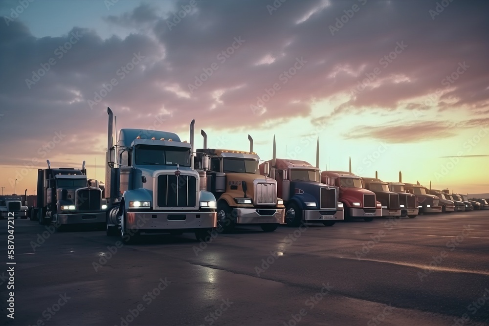  a row of semi trucks parked next to each other in a parking lot at sunset or dawn with clouds in th