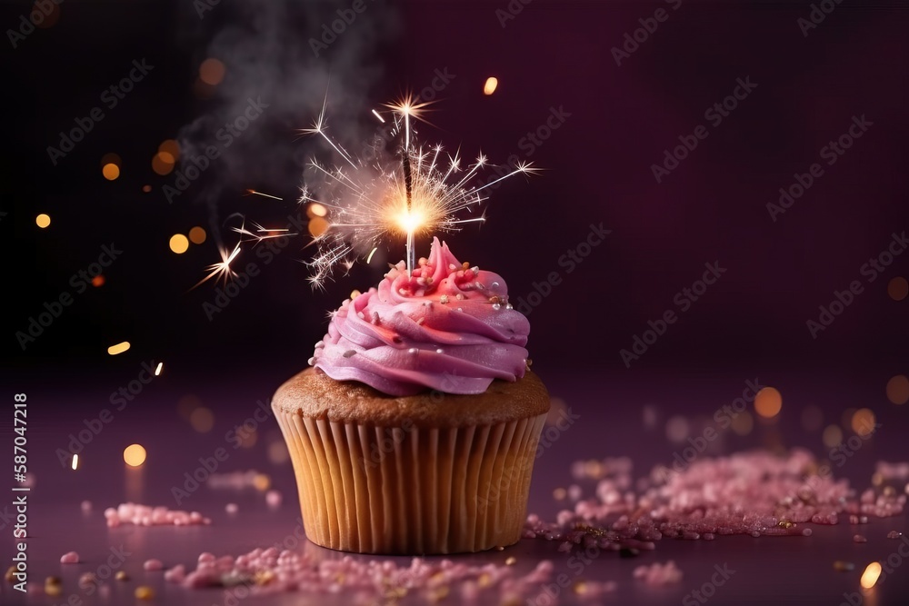  a cupcake with pink frosting and a sparkler sticking out of it on a purple surface with confetti sc