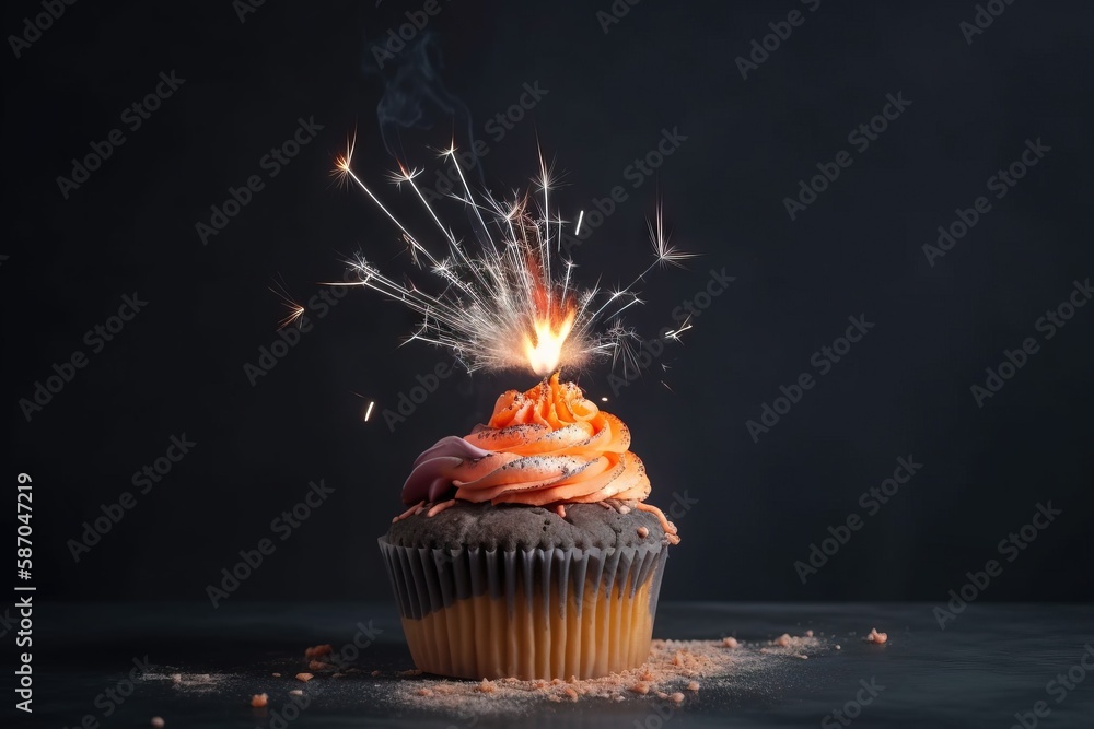  a cupcake with a sparkler sticking out of its top on a black surface with a black background and a