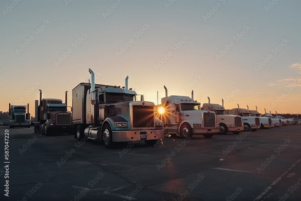  a row of semi trucks parked next to each other in a parking lot at sunset with the sun shining thro