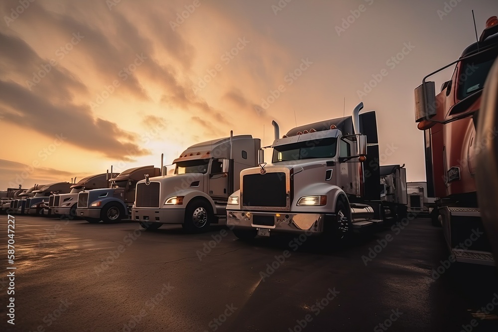  a row of semi trucks parked next to each other in a parking lot at sunset or dawn with clouds in th