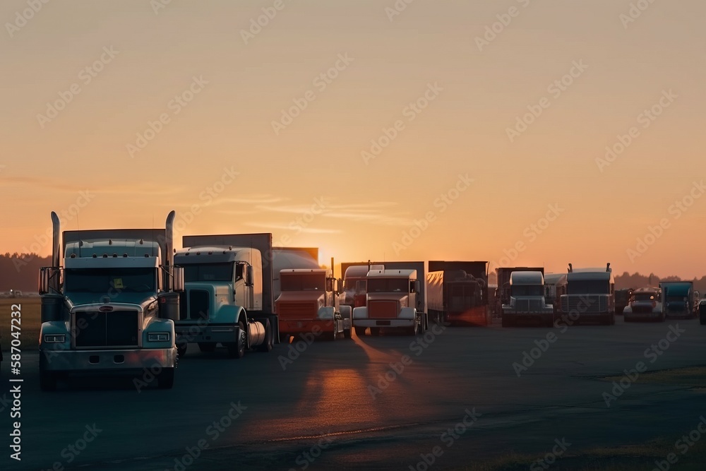  a group of semi trucks parked next to each other in a parking lot at sunset with the sun setting be