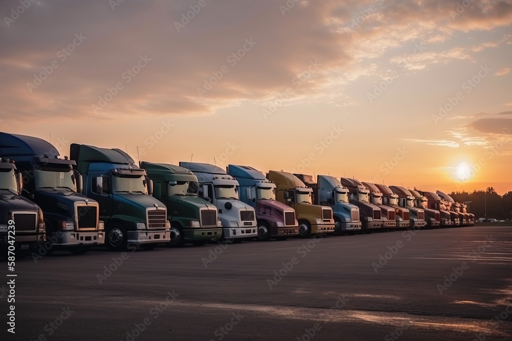  a row of semi trucks parked next to each other in a parking lot at sunset with the sun in the dista