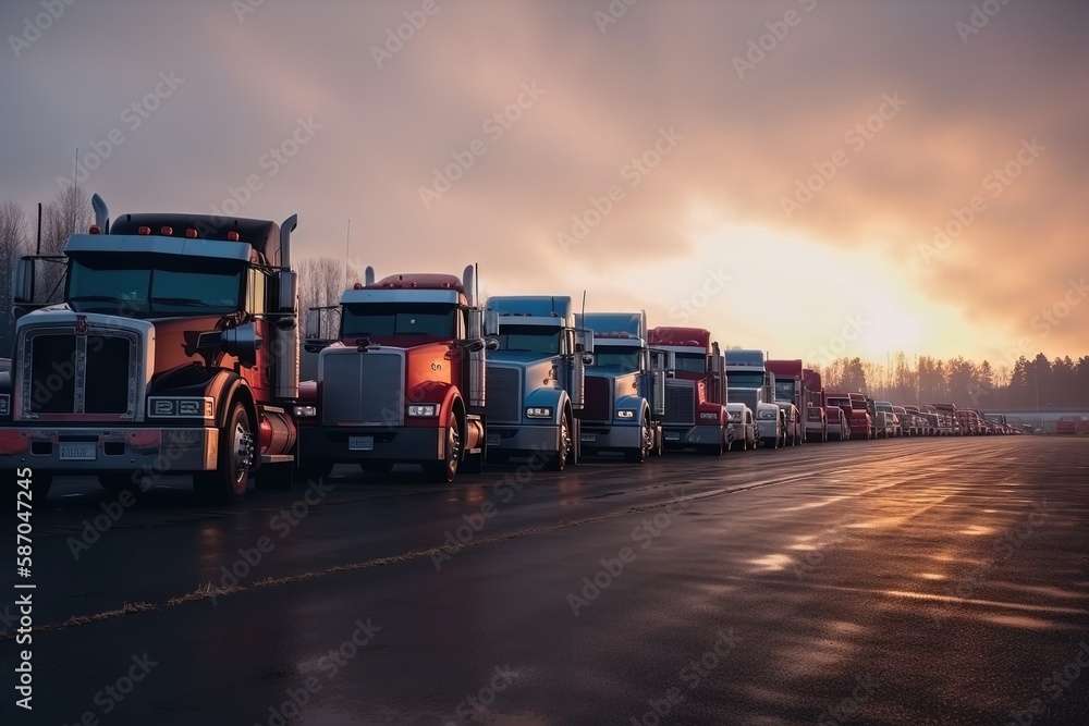  a row of semi trucks parked on the side of a road at sunset or dawn with a cloudy sky in the backgr