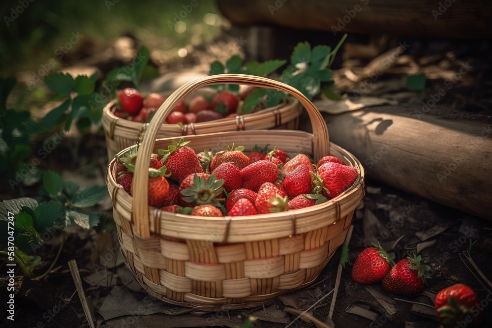  strawberries in a basket on the ground next to a tree branch and a baseball bat on the ground next 