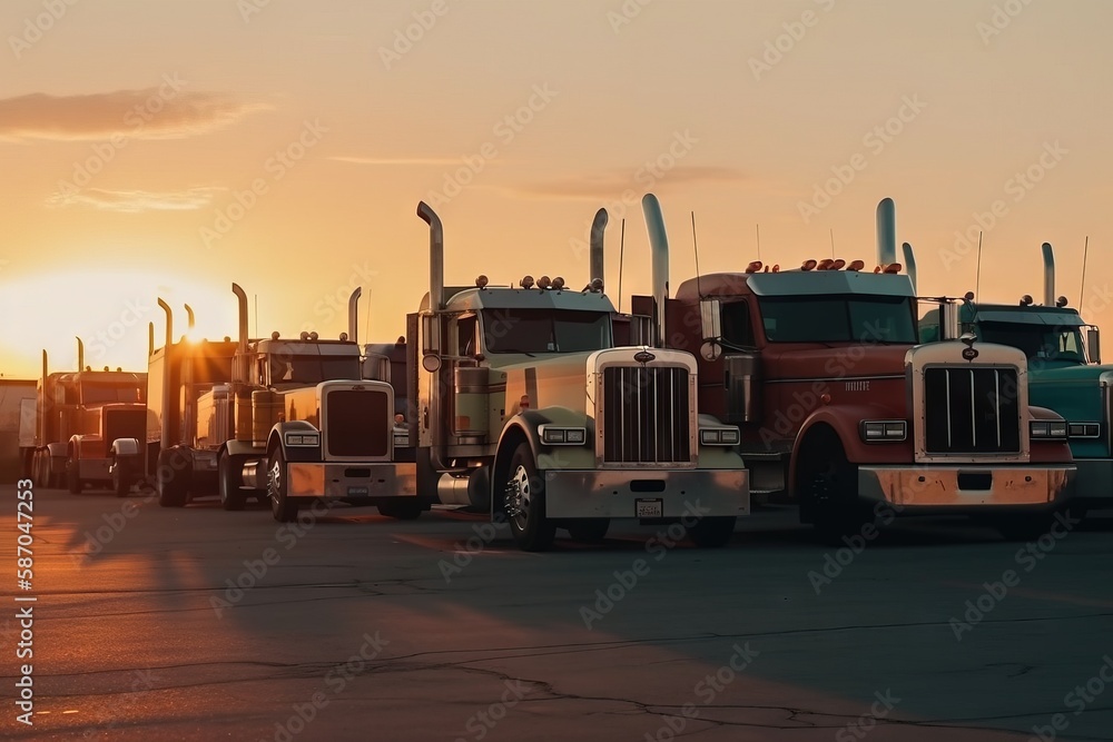  a row of semi trucks parked next to each other in a parking lot with the sun setting behind them an