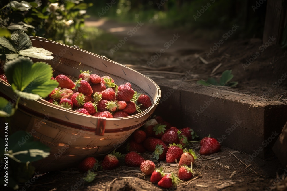  a basket full of strawberries sitting on the ground next to a wooden box with strawberries in it an