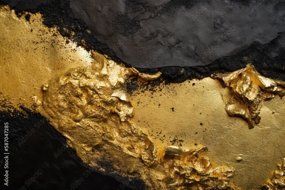  a close up of a gold and black substance on a surface of dirt and dirt with a white spot in the mid