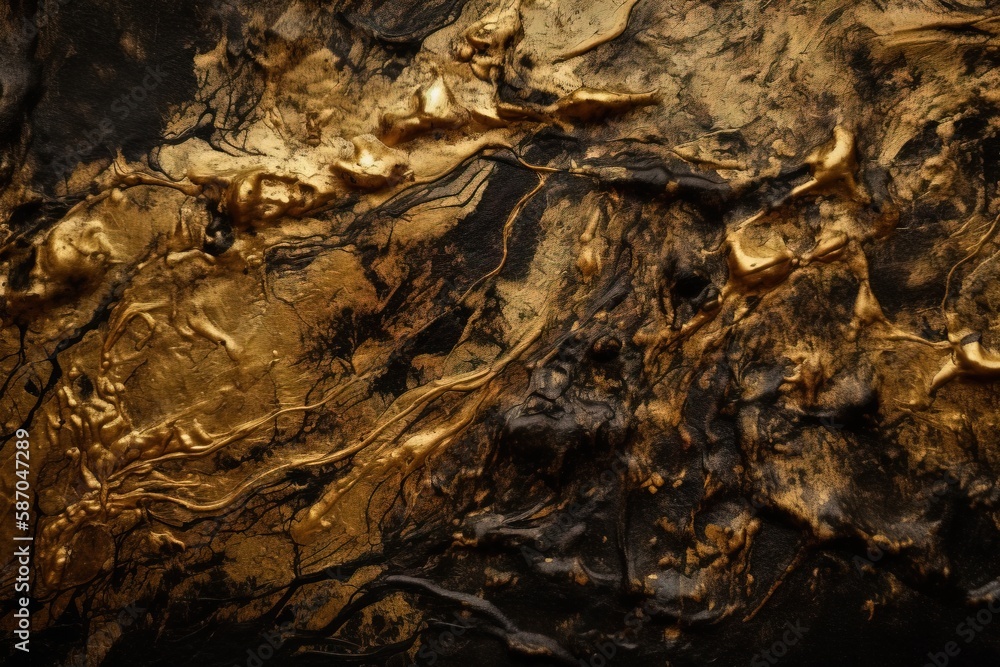  a close up of a rock with a gold pattered design on the surface of the rock, and a black background