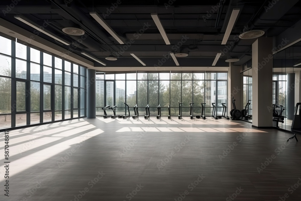  an empty gym with lots of windows and a row of exercise bikes on the wall in the center of the room