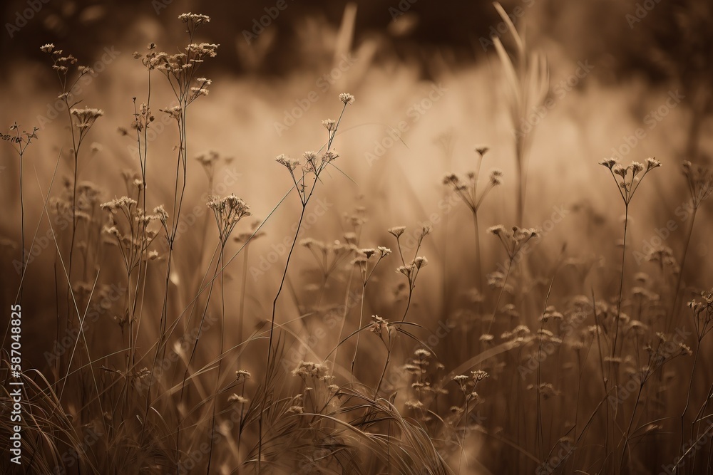  a sepia photo of a field of tall grass with weeds in the foreground and fog in the background, with