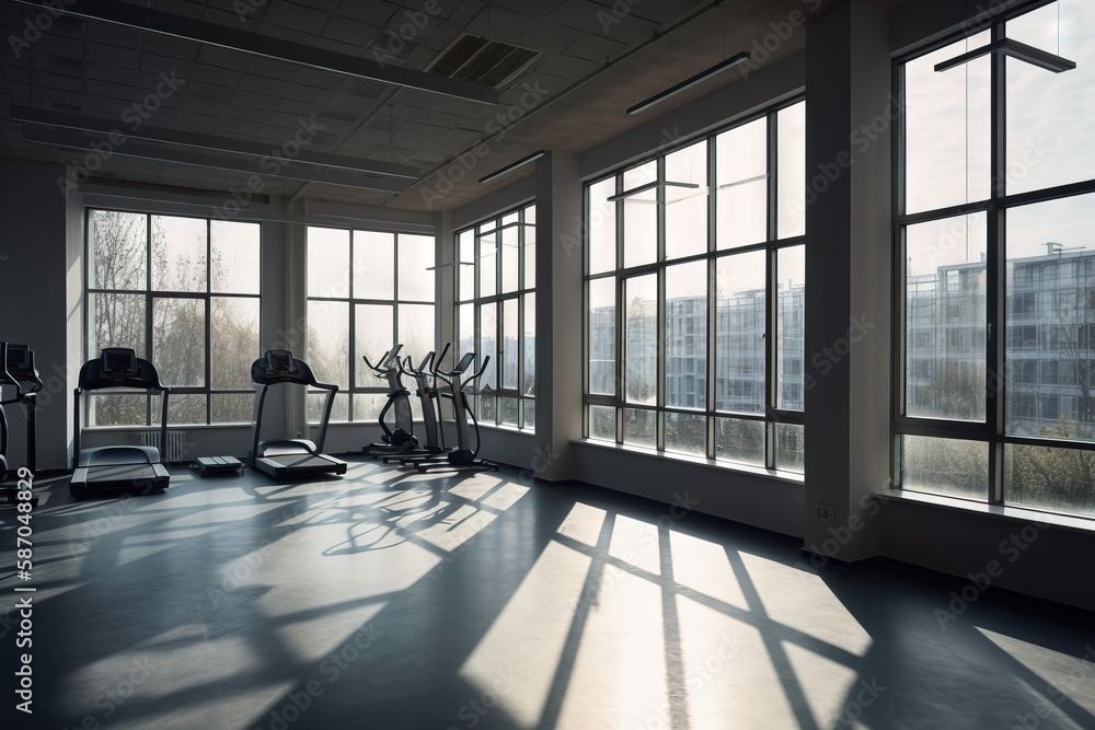  a room with a lot of windows and a treadmill in the middle of the room and a view of the city outsi