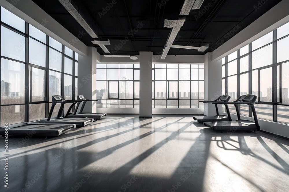  a gym with treadmills and windows overlooking a cityscape and skyscrapers in the distance, in a bla