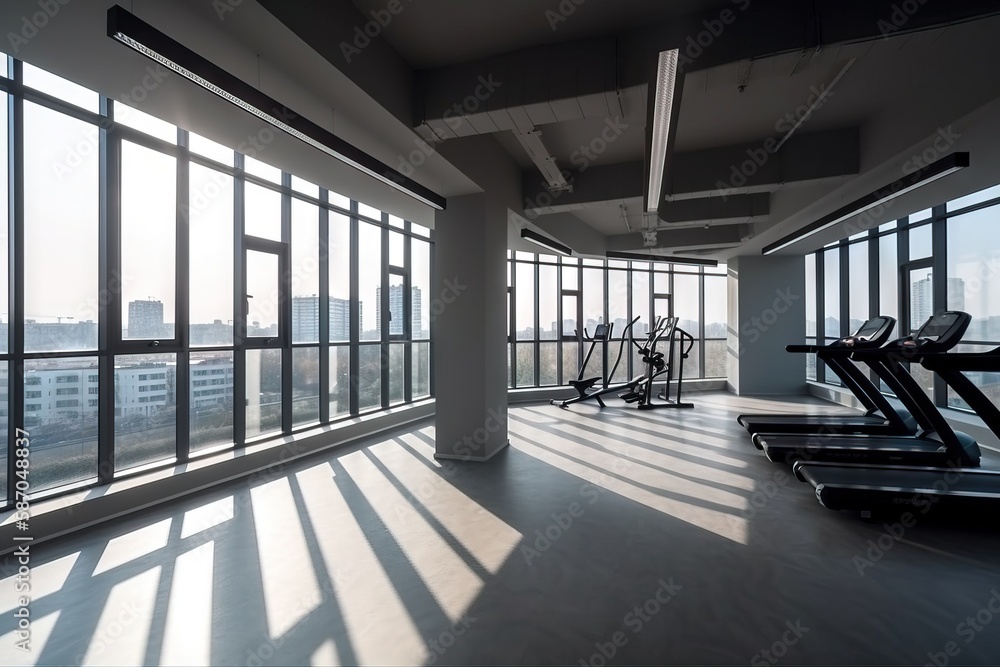  a gym with a view of the city through the windows and a row of treadmills in the foreground of the 