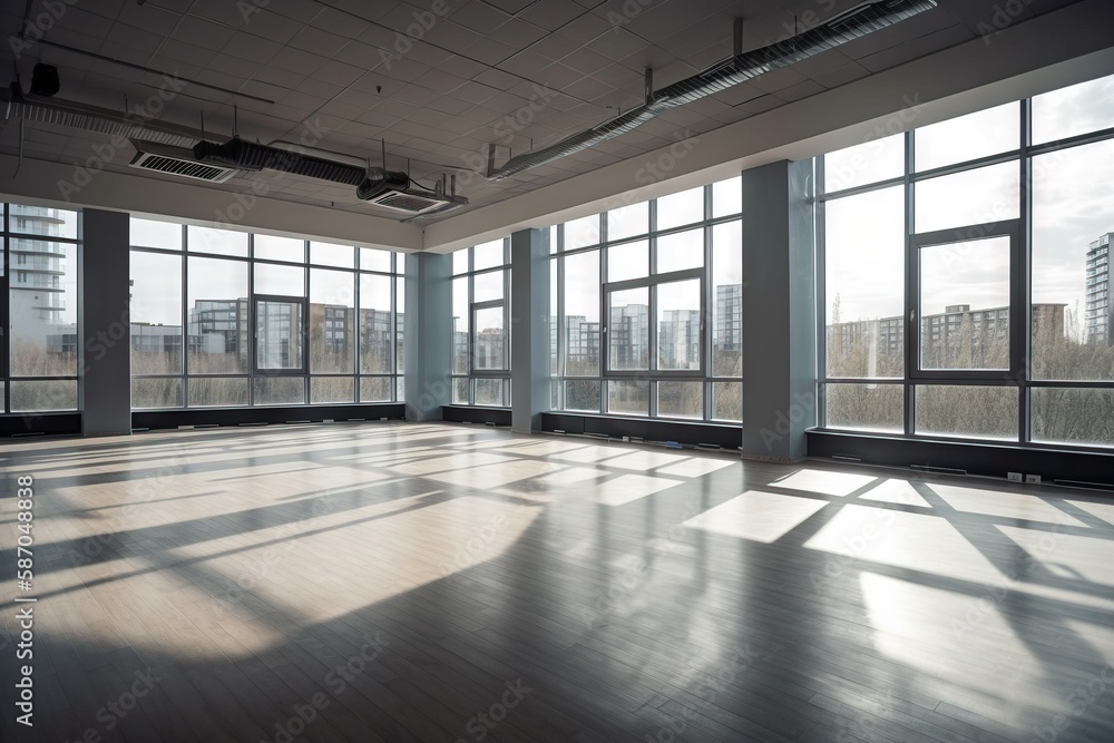  an empty room with large windows and a wooden floor with a view of the city outside the window and 