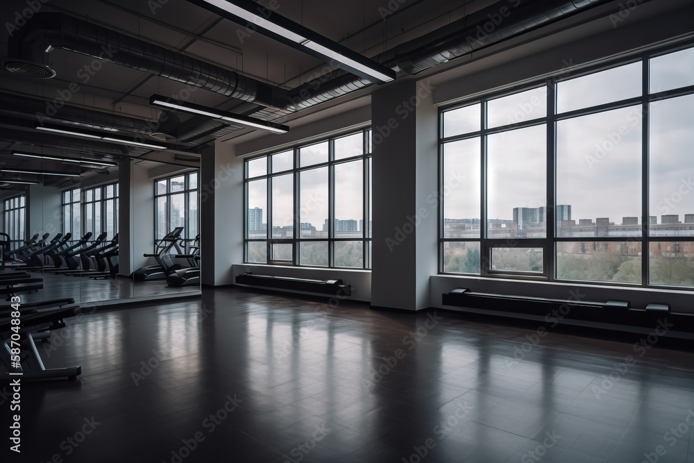  a gym with a view of the city outside the window and a row of treadmills in the foreground of the p