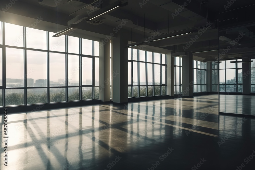  an empty room with large windows and a view of the city outside of the window is shown in the foreg