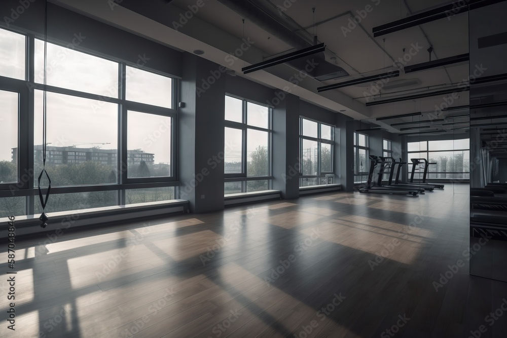  an empty gym room with a lot of windows and a view of the city through the window panes of the room