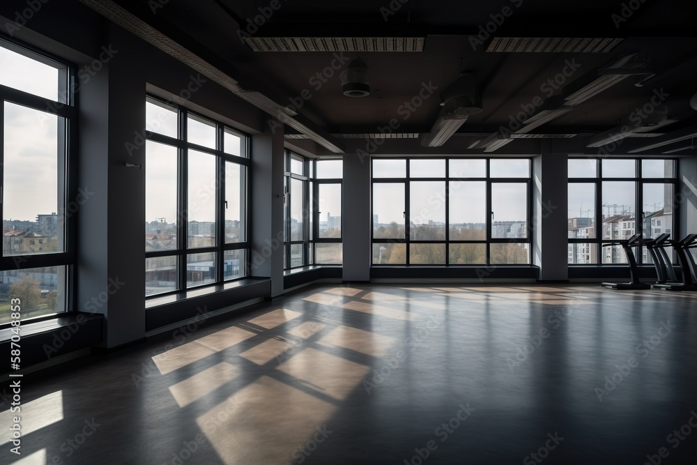  an empty room with large windows and a view of a city outside the window is shown in the foreground