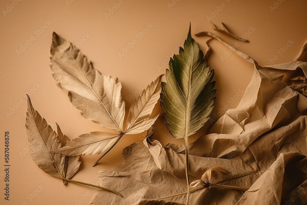  a couple of leaves laying on top of a brown paper bag next to a leafless plant on a brown surface w