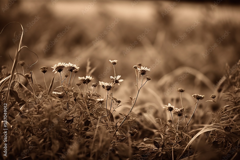  a black and white photo of wildflowers in a field with grass in the foreground and a blurry backgro