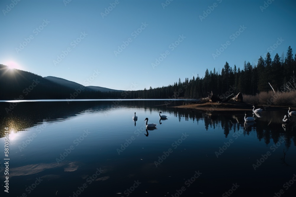  a group of birds standing on top of a lake next to a forest filled with tall pine covered mountains