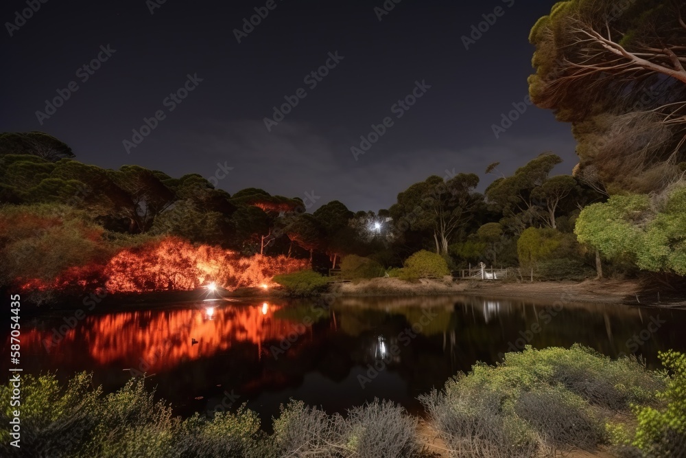  a lake surrounded by trees and bushes with a firework display in the background at night time with 