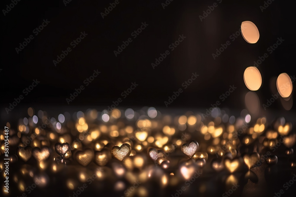  a table topped with lots of shiny gold hearts on top of a black tablecloth covered in lights and a 