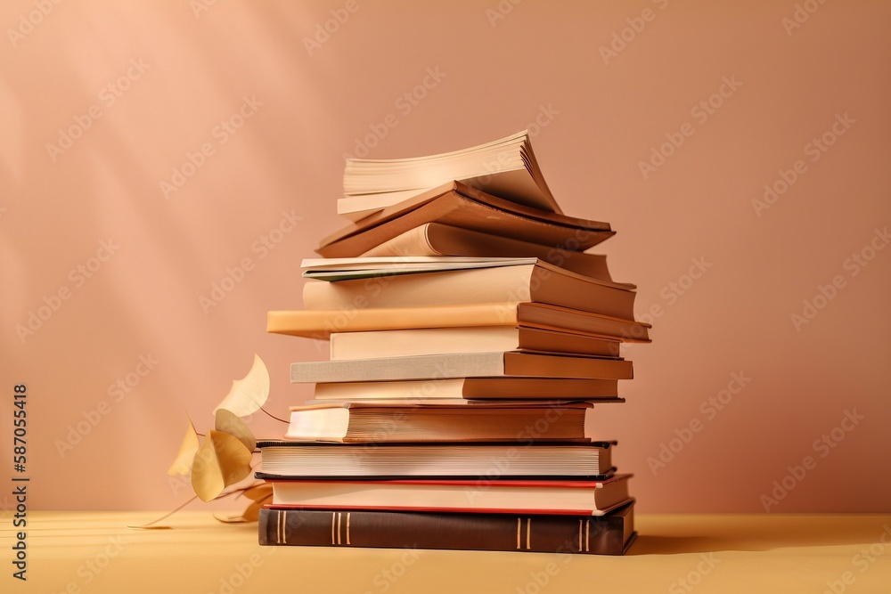  a stack of books with an umbrella sitting on top of it on a table next to a wall and a pink wall be