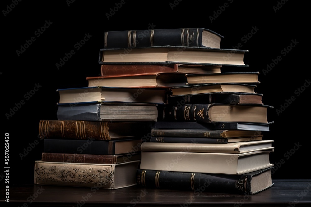  a stack of books sitting on top of a wooden table next to a black wall with a black background and 