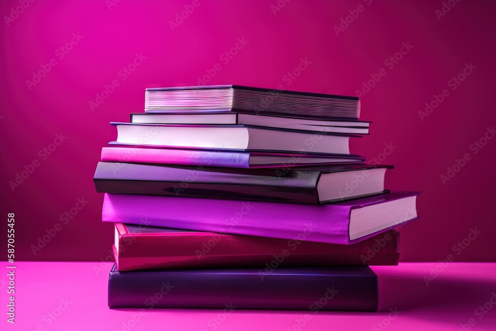  a stack of books sitting on top of each other on a pink surface in front of a pink background with 