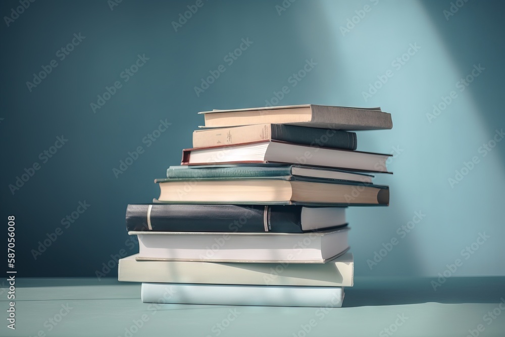  a stack of books sitting on top of each other on top of a table next to a blue wall with a light co