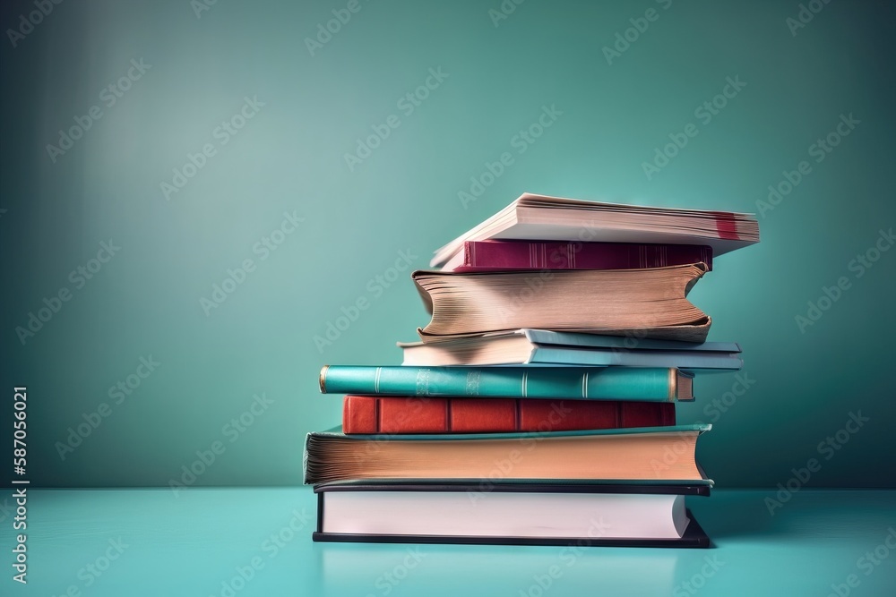  a stack of books sitting on top of each other on a blue tableclothed surface with a green wall in t