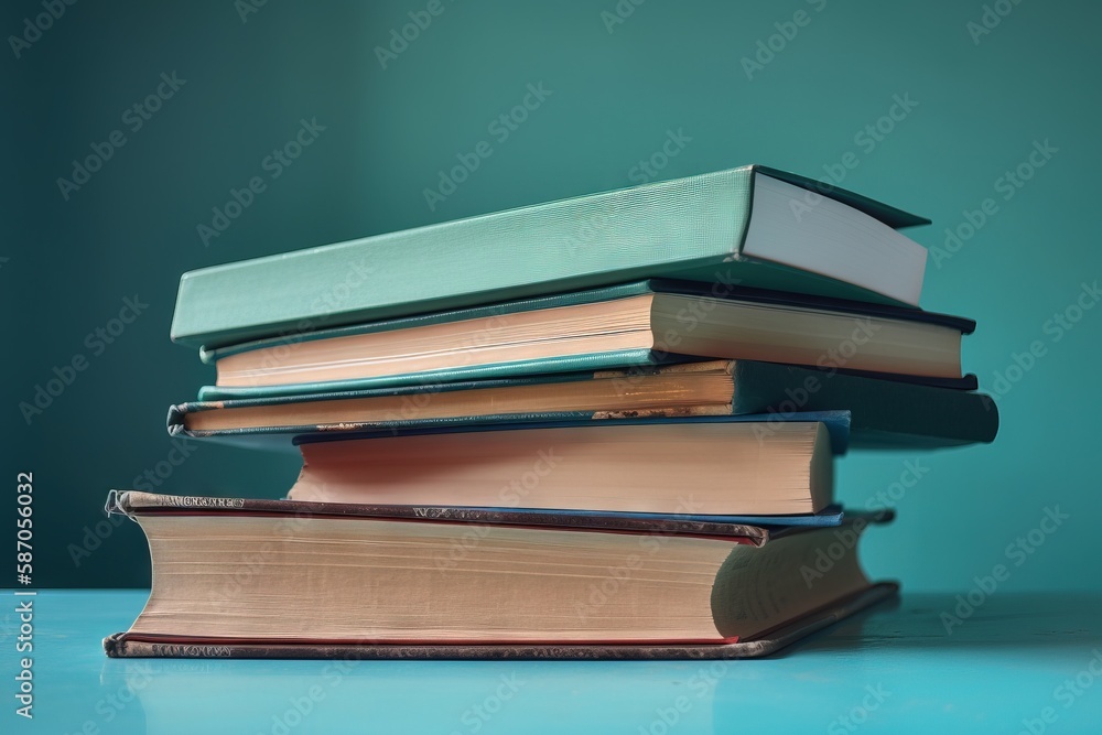  a stack of books sitting on top of a blue counter top next to a green wall and a blue wall behind i