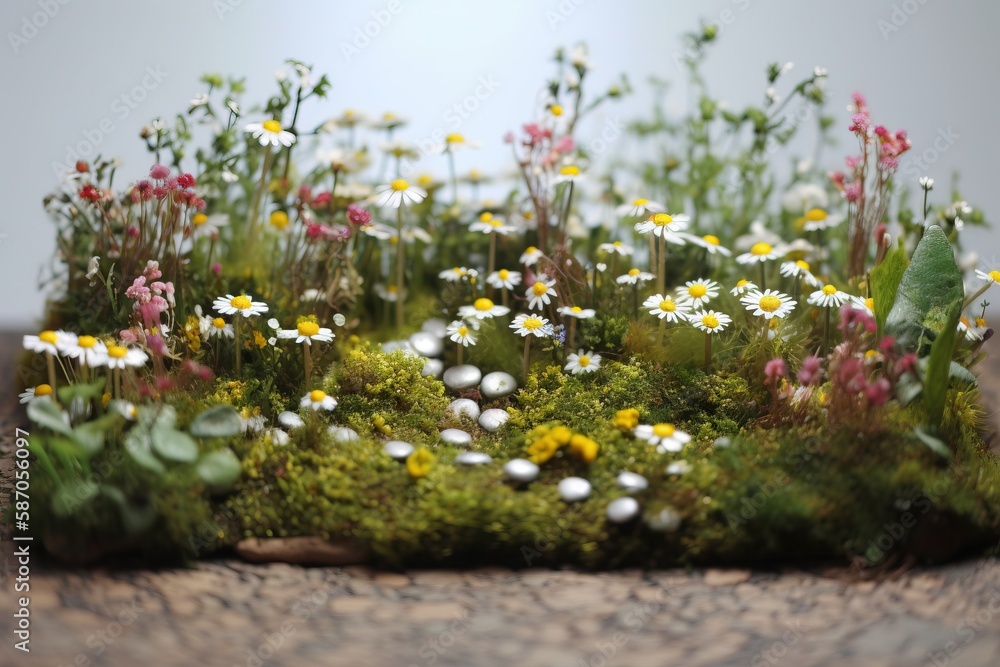  a close up of a patch of grass with flowers and plants growing out of the grass on the top of the g