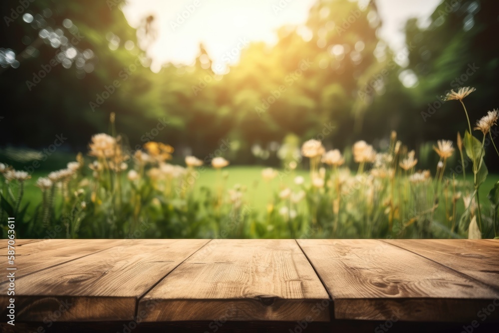 wooden table with a colorful bouquet of flowers on top, set against a scenic field background. Gener