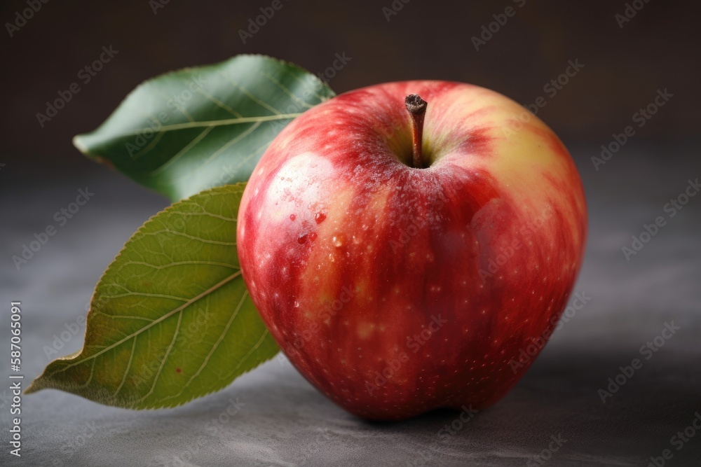 single red apple with a green leaf on a wooden table. Generative AI