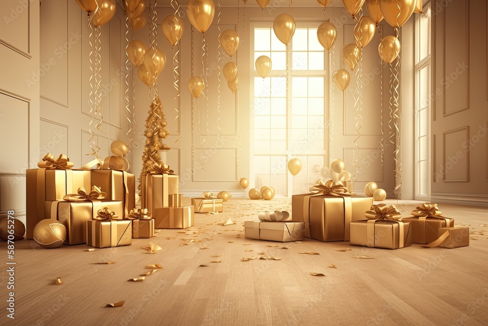 Background of a New Years celebration indoors. On the floor, a golden Christmas tree and gift box. 