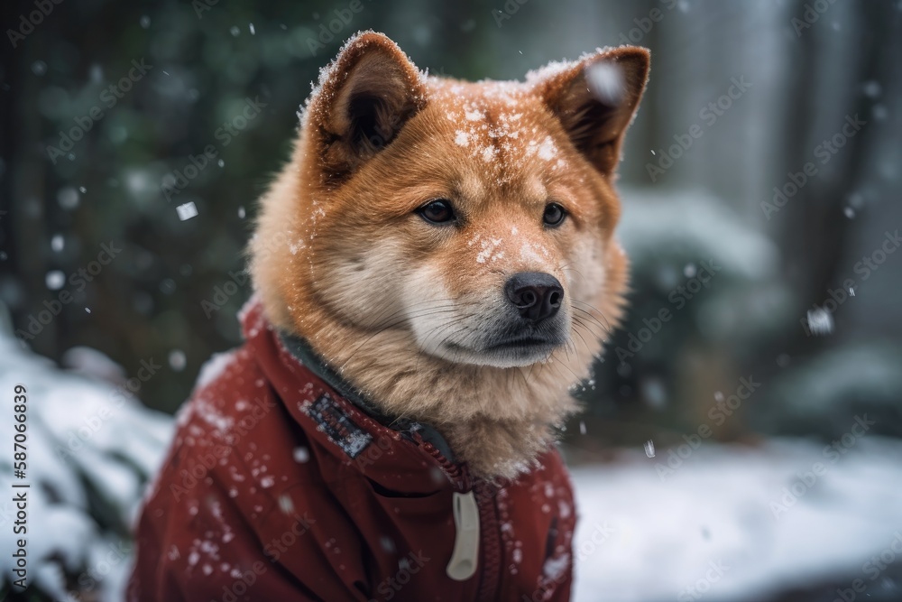 cute puppy standing outside in a snowstorm. Generative AI