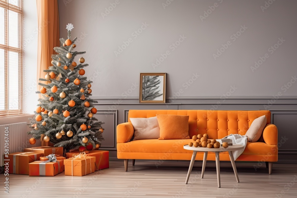 Lounge Scandinavian Christmas decor. Gift boxed Christmas tree. Orange couch on bright wall mockup. 