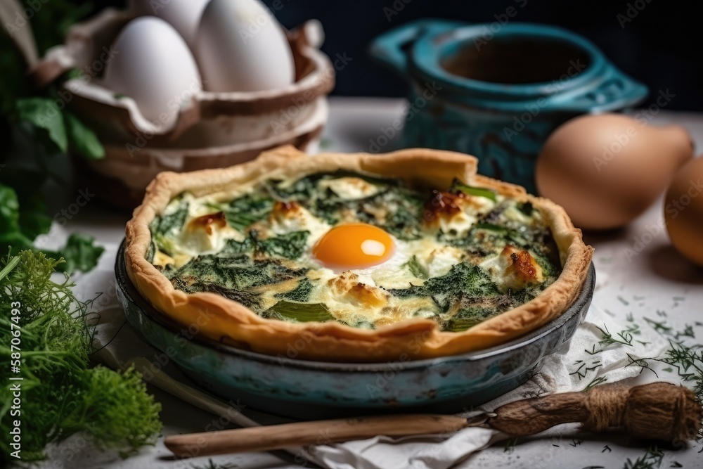 delicious quiche topped with a perfectly cooked egg. Generative AI