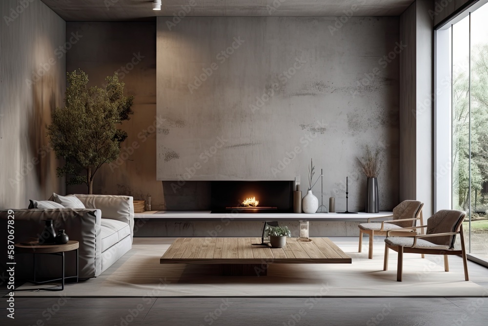 Living room decor contemporary, concrete fireplace. Generative AI